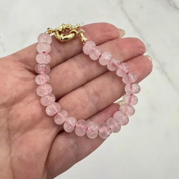 Rose Quartz Gemstone Bead Hand Knotted Bracelet Gold Filled Clasp - Picture 7 of 8